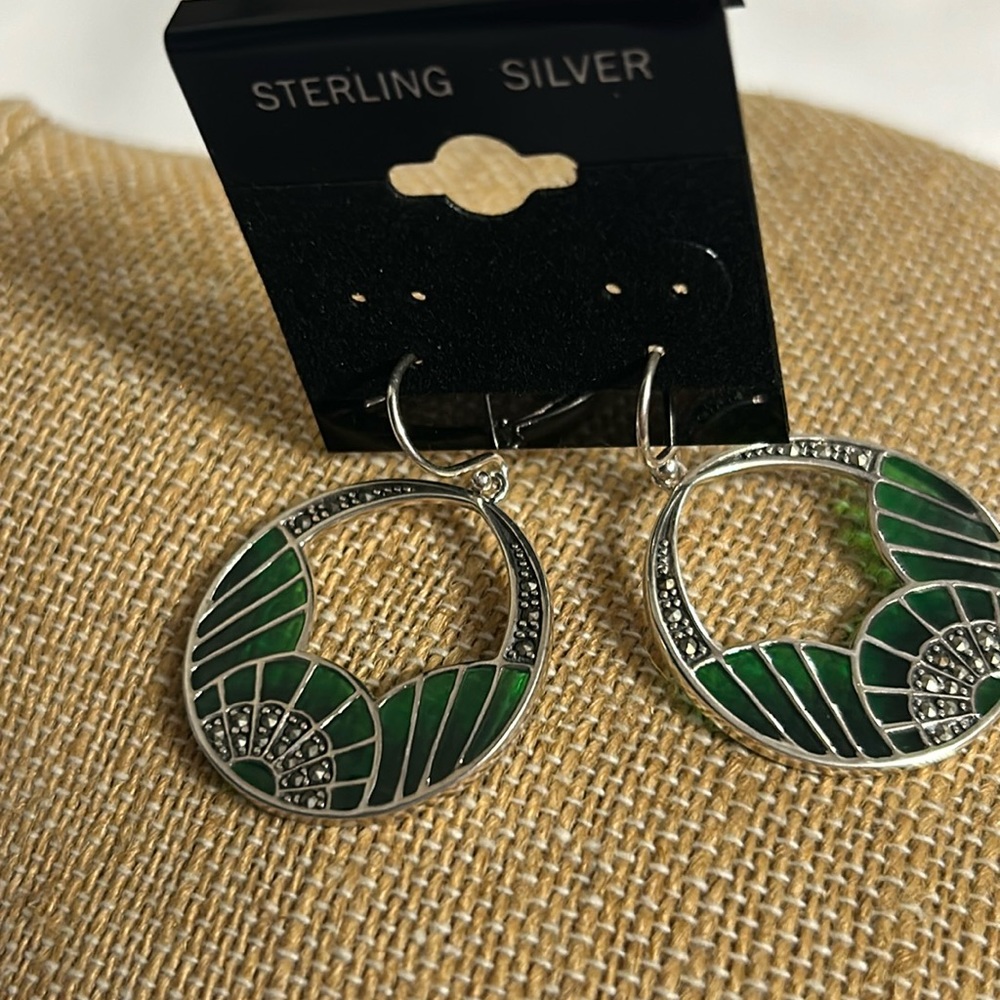 Thailand Sterling Silver With Green Stone Inlay Dangle Hoop Earrings